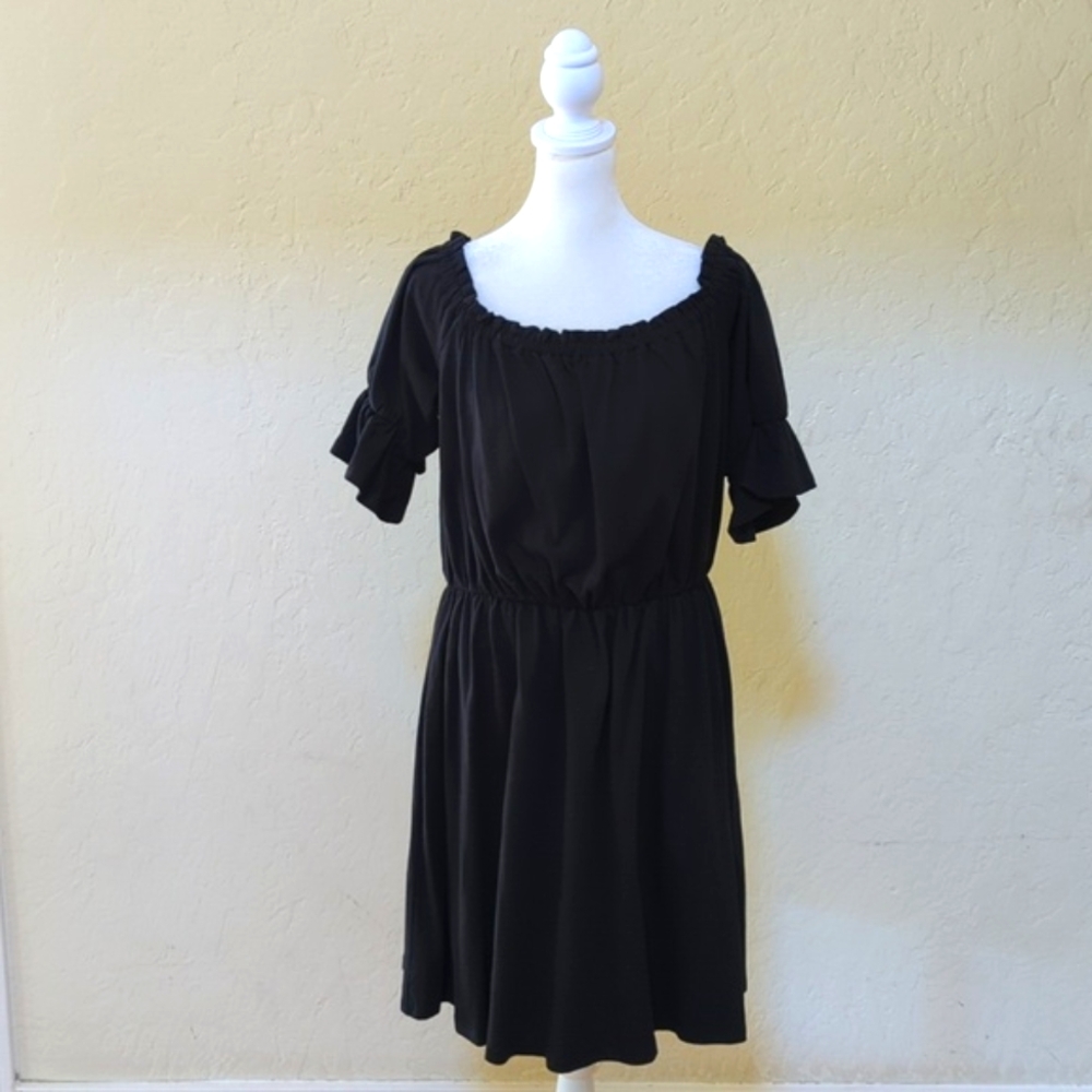 ASOS Black Puff Sleeve Shirred Bodice Cotton Mini Dress Size 14